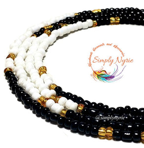 Black, Pearl White and Gold Waist Beads