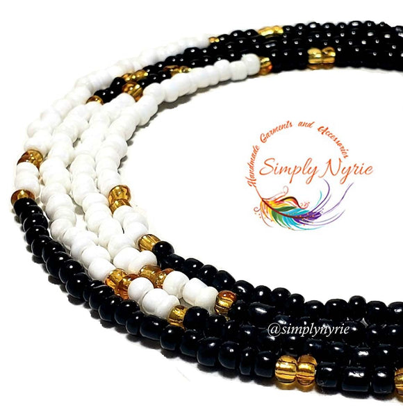 Black, Pearl White and Gold Waist Beads