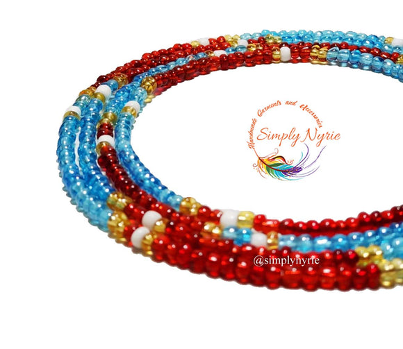 Red Blue Gold and White Waist Beads